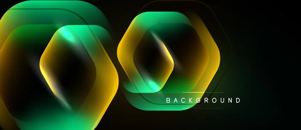 Abstract geometric shapes overlap, creating glowing effect. Dark background Illustrazione stock