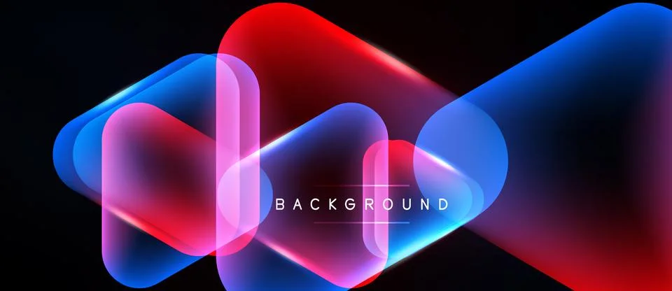 Abstract geometric shapes overlap, creating vibrant neon glow effect. Dark Illustrazione stock