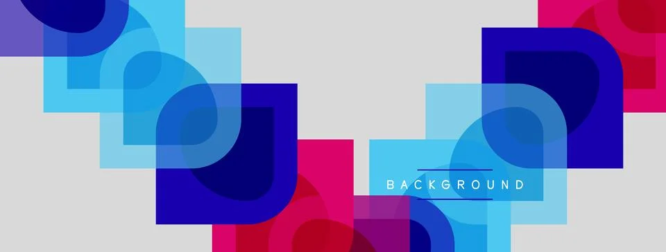 Abstract geometric shapes overlap, creating vibrant color blocks. Blue, pink, Illustrazione stock