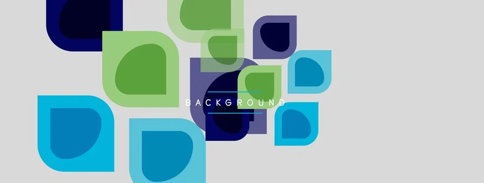 Abstract geometric shapes overlap, creating vibrant background. Blue, green, Illustrazione stock
