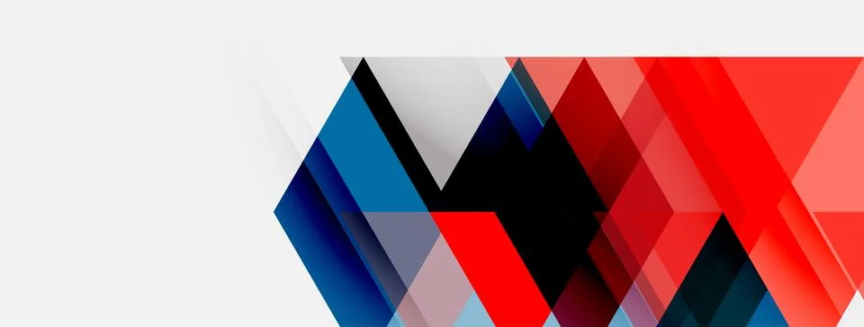 Abstract geometric shapes overlap, creating dynamic red, blue, black compos.. Illustrazione stock