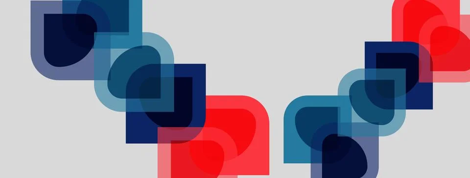 Abstract geometric shapes overlap, creating vibrant color patterns. Blue, red Stock Illustration