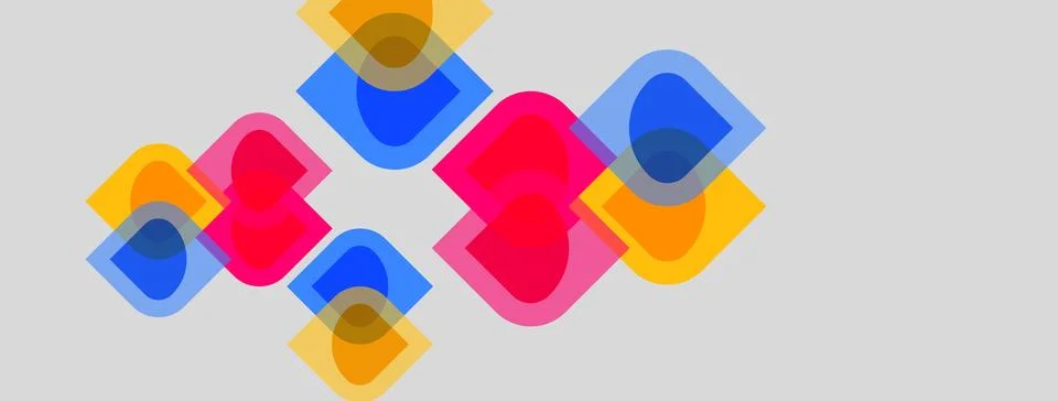 Abstract geometric shapes overlap, creating vibrant color blends. Squares, Stock Illustration