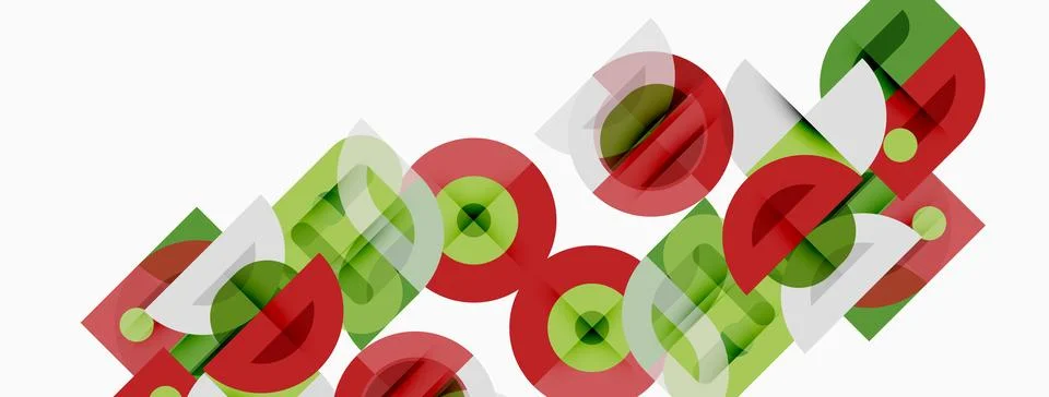 Abstract geometric shapes overlap, creating vibrant red, green patterns on .. Illustrazione stock