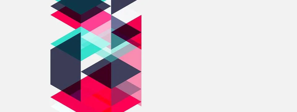 Abstract geometric shapes overlap, creating vibrant pink, teal, purple Stock Illustration