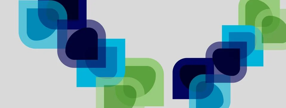 Abstract geometric shapes overlap, creating layered visual effect. Blue, gree Stock Illustration