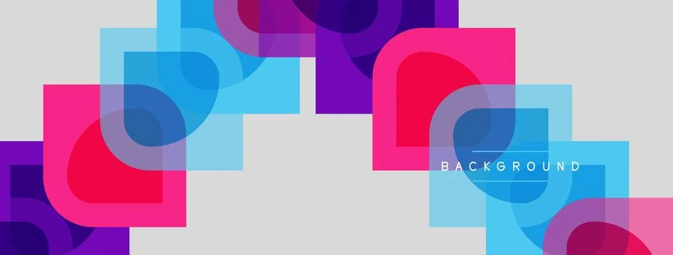 Abstract geometric shapes overlap, creating vibrant color blocks. Pink, purpl Stock Illustration