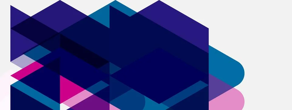 Abstract geometric shapes overlap, creating dynamic composition. Purple, blue Stock Illustration