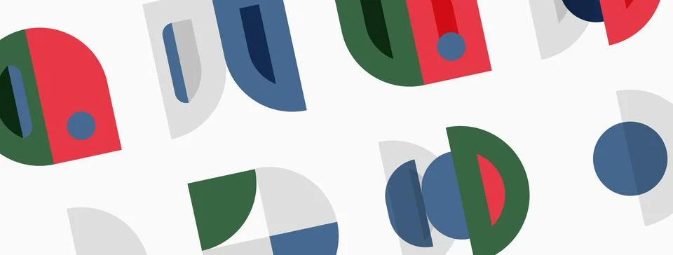 Abstract geometric shapes overlap, creating colorful pattern. Red, green, blu Stock Illustration