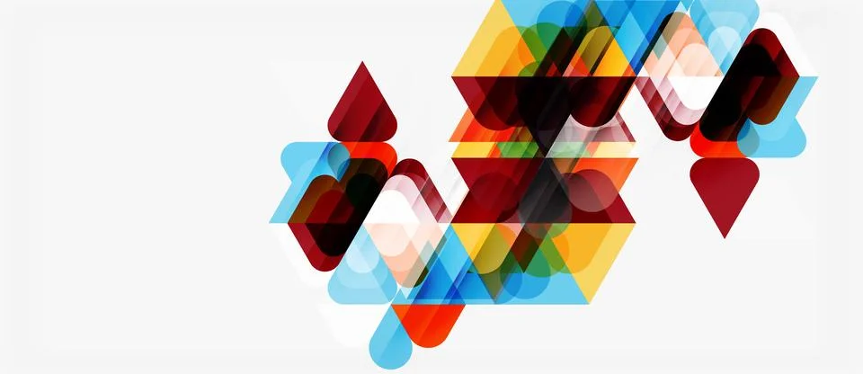 Abstract geometric shapes overlap, creating colorful design. Triangles, squ.. Stock Illustration