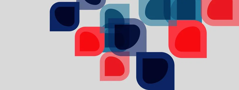 Abstract geometric shapes overlap, creating vibrant color blocks. Red, blue, Stock Illustration