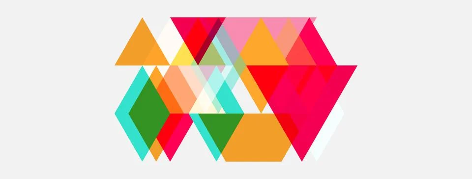 Abstract geometric shapes overlap, creating colorful design. Triangles, squ.. Stock Illustration