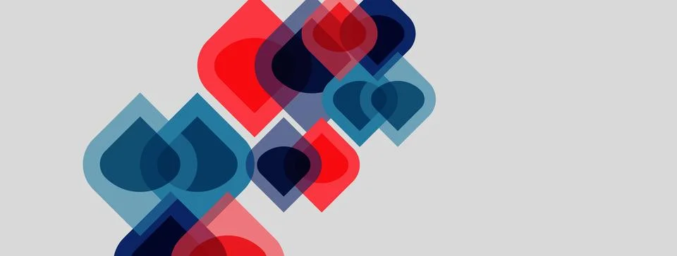 Abstract geometric shapes overlap, creating vibrant color patterns. Red, blue Stock Illustration