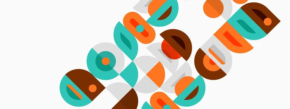 Abstract geometric shapes overlap, creating colorful pattern. Circles, Stock Illustration