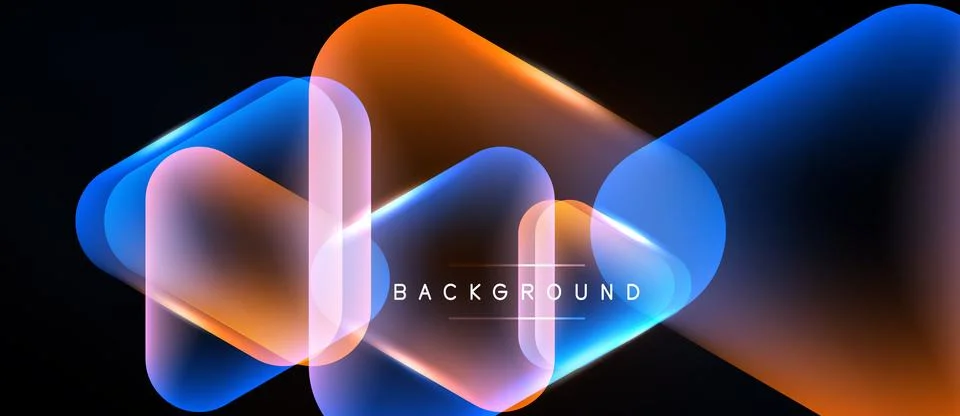 Abstract geometric shapes overlap, creating vibrant neon glow effect. Dark Stock Illustration