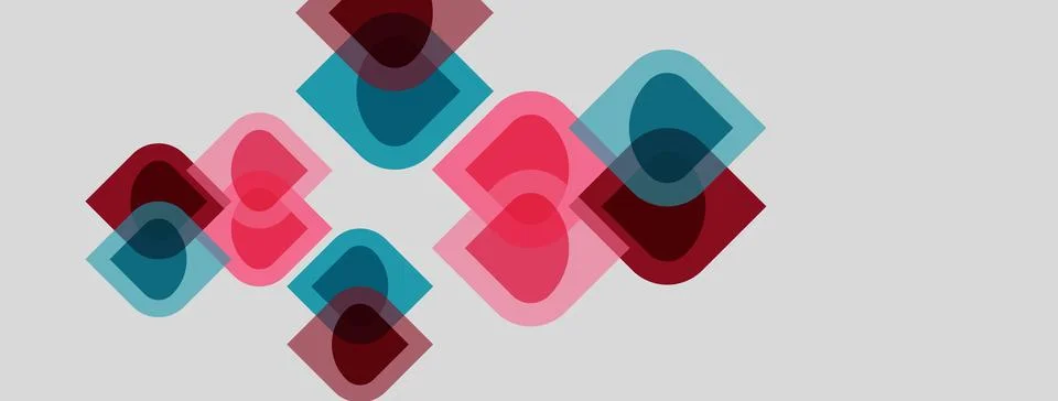 Abstract geometric shapes overlap, creating layered visual effect. Pink, teal Illustrazione stock