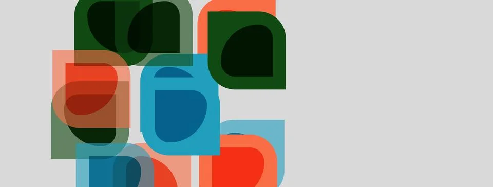 Abstract geometric shapes overlap, creating colorful composition. Squares, Stock Illustration