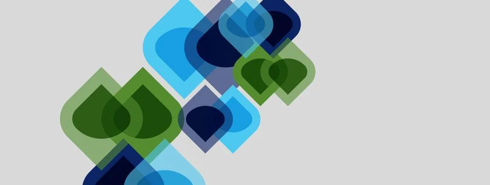 Abstract geometric shapes overlap, creating layered visual effect. Blue, gree Stock-Illustration