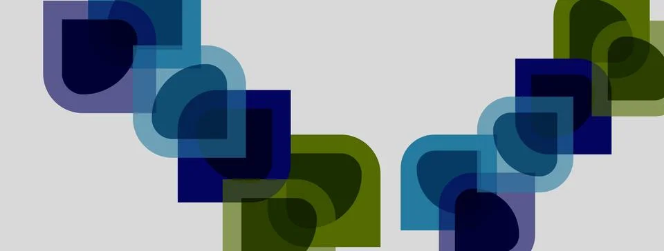 Abstract geometric shapes overlap, creating layered visual effect. Blue, gree Stock Illustration