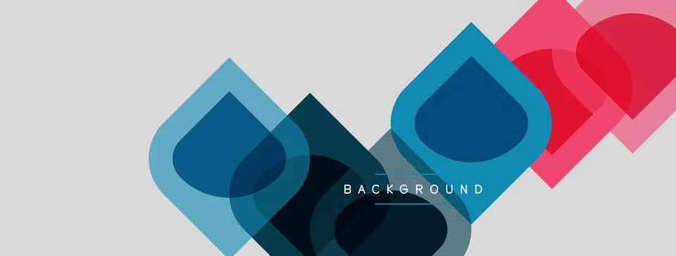 Abstract geometric shapes overlap, creating layered blue, pink, teal effect. Stock Illustration
