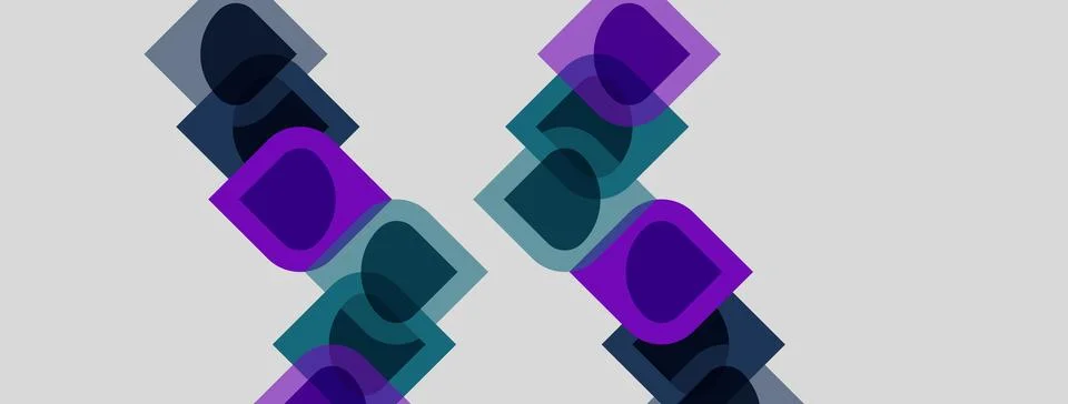 Abstract geometric shapes overlap, creating layered visual effect. Purple, te Illustrazione stock