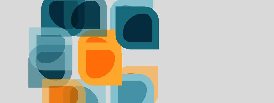 Abstract geometric shapes overlap, creating layered visual effect. Teal, oran Stock-Illustration