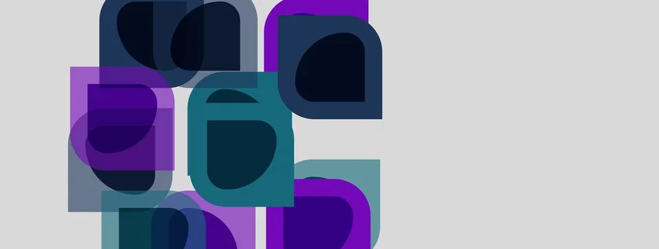Abstract geometric shapes overlap, creating layered composition. Purple, teal Stock Illustration