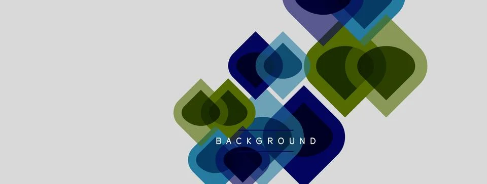Abstract geometric shapes overlap, creating layered visual effect. Blue, gree Stock Illustration