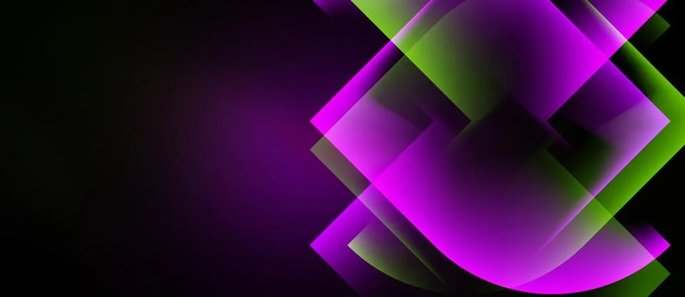 Abstract geometric shapes overlap, creating vibrant purple, green glow agains Stock Illustration
