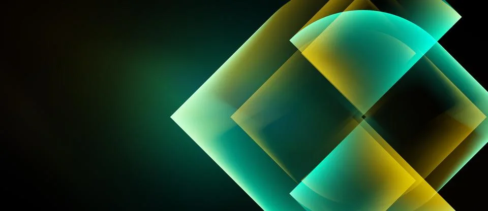 Abstract geometric shapes overlap, creating luminous effect. Teal, gold hues Stock Illustration