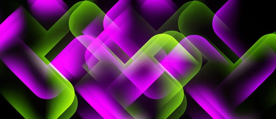 Abstract geometric shapes overlap, creating vibrant green, purple gradients. Stock Illustration