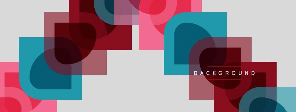 Abstract geometric shapes overlap, creating colorful background. Pink, teal, Stock Illustration