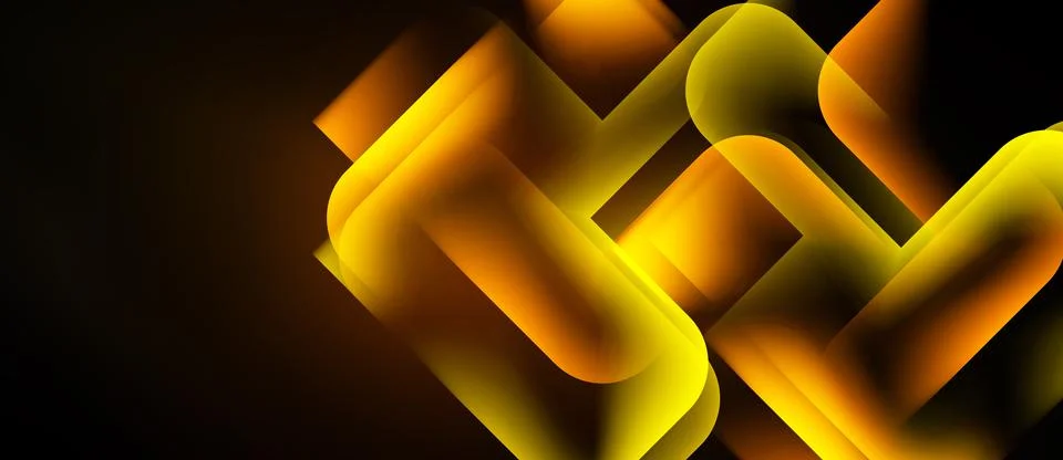Abstract geometric shapes overlap, creating dynamic golden glow against dark Stock Illustration