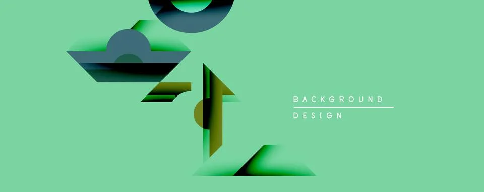 Abstract geometric shapes overlap mint background. Gradient colors create depth, Stock Illustration