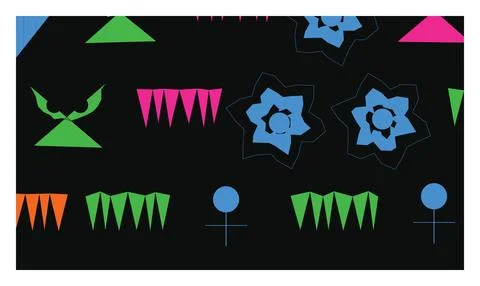 Abstract geometric shapes pattern with colorful symbols on dark black backg.. Stock Illustration