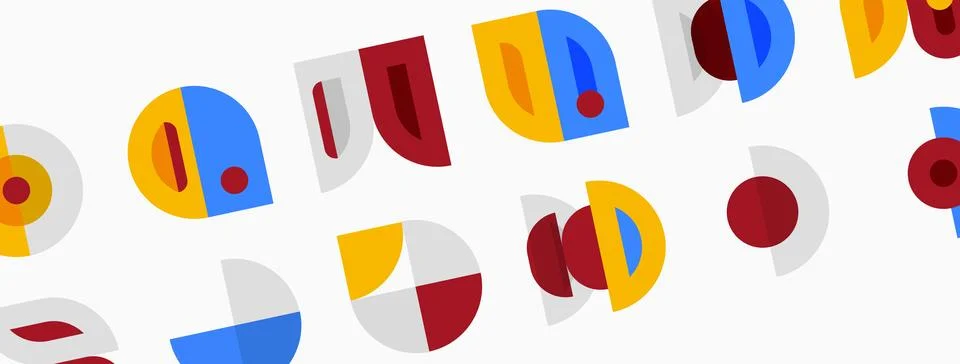 Abstract geometric shapes repeat. Circles, arcs, rectangles combine forming Illustrazione stock