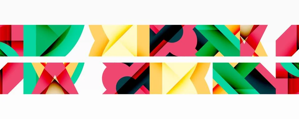 Abstract geometric shapes repeat, creating vibrant pattern. Colors include red, Stock Illustration