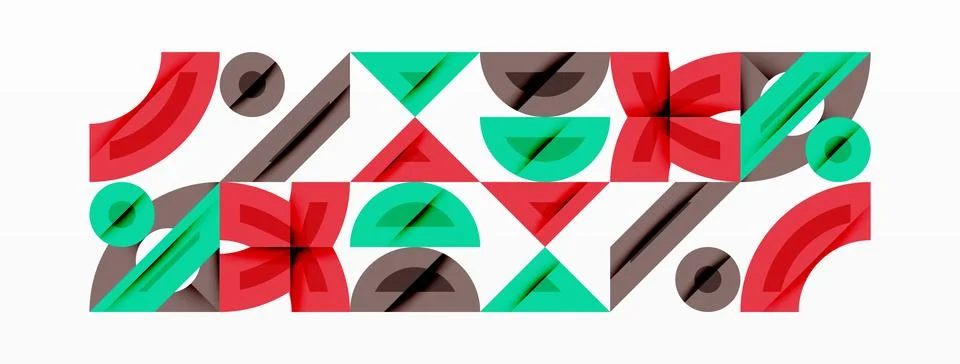 Abstract geometric shapes repeat, creating colorful pattern. Red, green, gray Stock Illustration