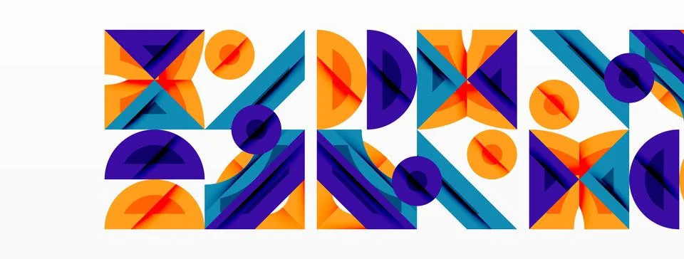 Abstract geometric shapes repeat, creating vibrant pattern. Orange, purple, blue Illustrazione stock