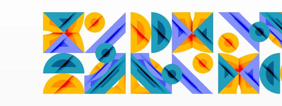 Abstract geometric shapes repeat, creating vibrant pattern. Blue, orange, teal Stock Illustration