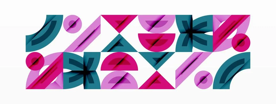Abstract geometric shapes repeat, creating vibrant pattern. Pink, teal hues Illustrazione stock