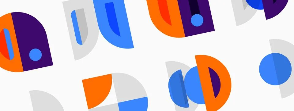 Abstract geometric shapes repeat. Orange, blue, purple hues dominate white Stock Illustration