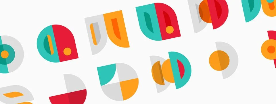 Abstract geometric shapes repeat. Red, orange, teal colors dominate design. Stock Illustration