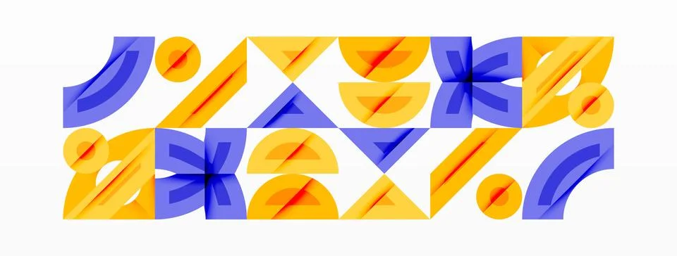 Abstract geometric shapes repeat, using yellow, purple hues. Pattern creates Illustrazione stock