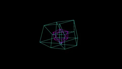 Abstract geometric shapes rotating with internal glowing core during dark e.. Vídeo Stock 345945546