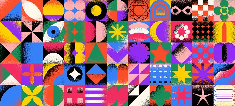 Abstract geometric shapes vector set with textured grain, noise effect. Color Stock Illustration