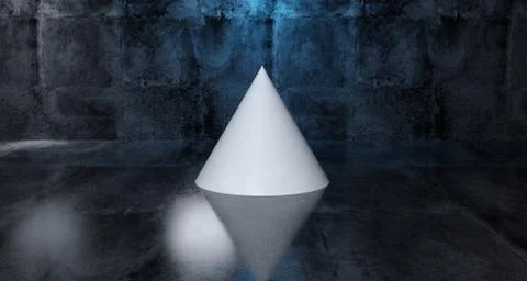 Abstract Geometric Simple Primitive Shape White Cone In Realistic Dark Concre Stock Illustration