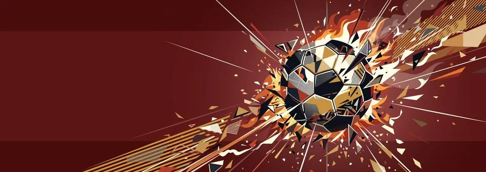 Abstract geometric soccer ball exploded and burst into flames with red back.. Stock Illustration