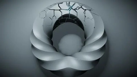 Abstract Geometric Sphere Cracking Inside Twisted Spiral Shape with Light Effect Stock Illustration