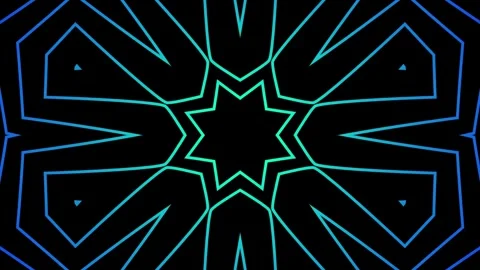 Abstract geometric star pattern, blue green light, kaleidoscope, mandala effect Stock Footage 335630802